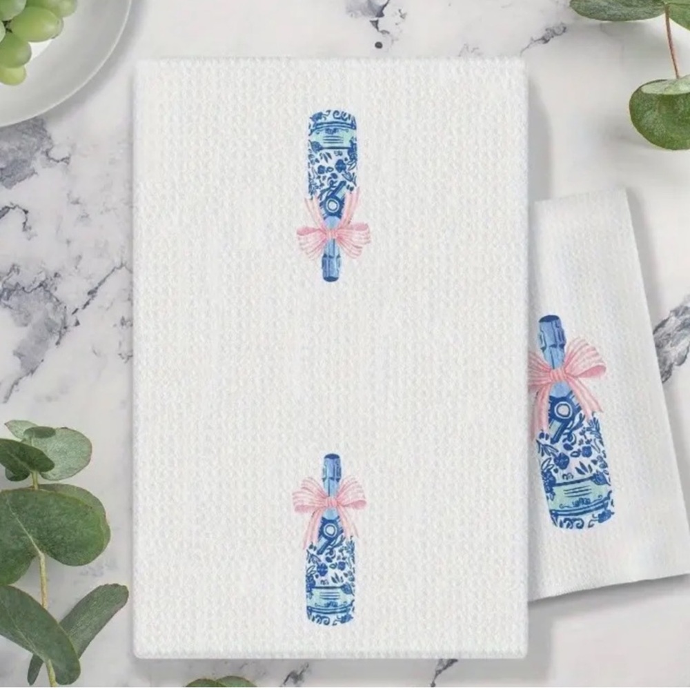 White Towel with Blue and Pink Bottle Design set of 2
